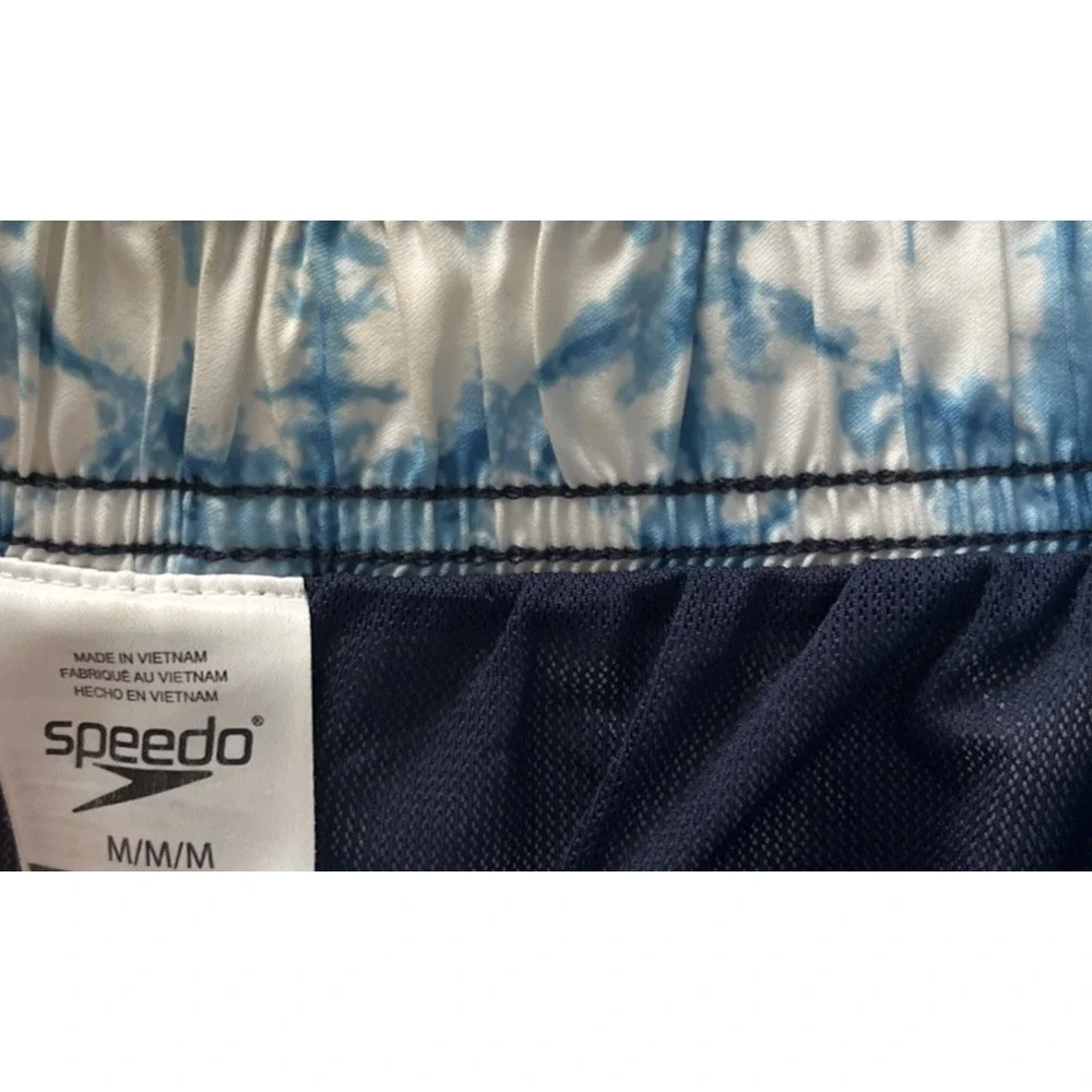 Speedo Men's Size M Swim Trunks Board Shorts Blue White Tie Dye Drawstring‎